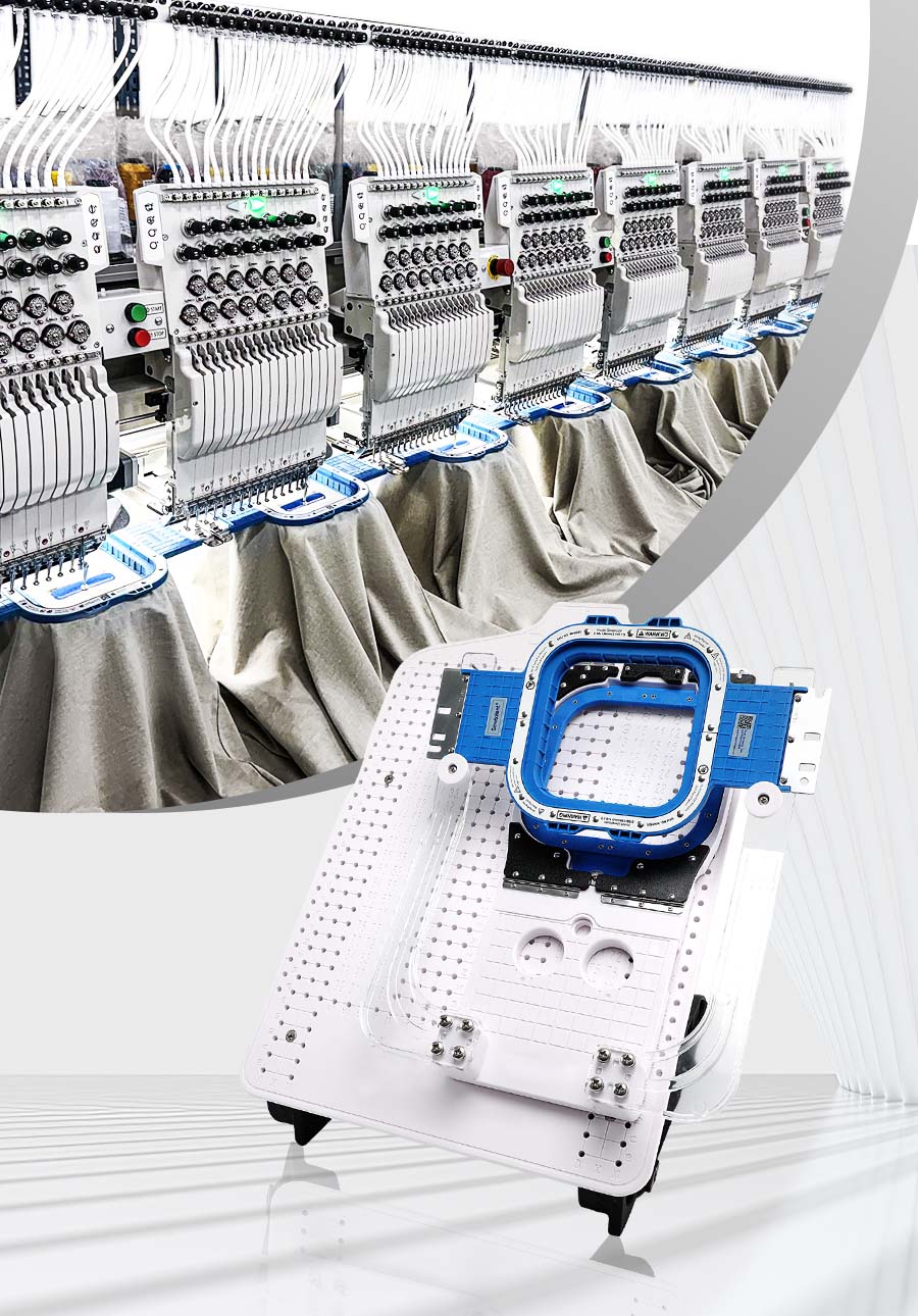 Embroidery machine with multiple needles on a white background, sewtalent embroidery hoops are installed on the machine. 