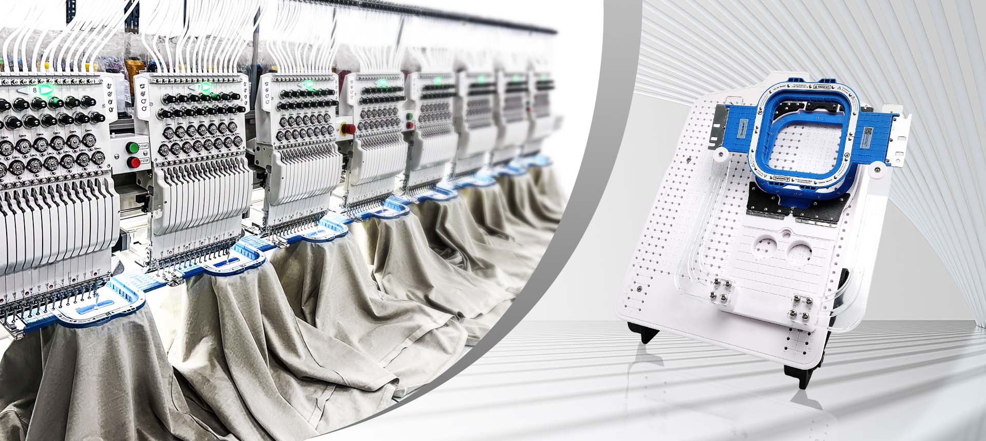 Embroidery machine with multiple needles on a white background， sewtalent magnetic hoops installing on the embroidery machines